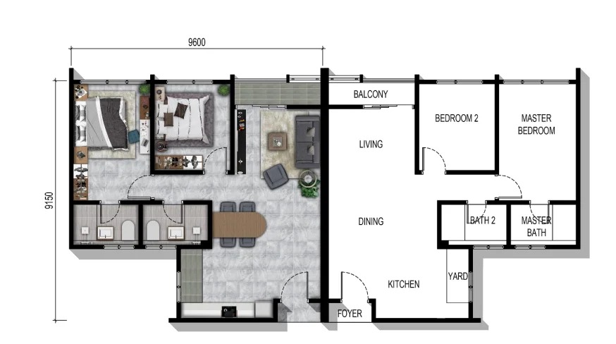 Type B floor plan 820 sqft