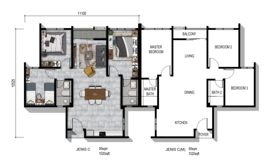 Type C floor plan 1020 sqft
